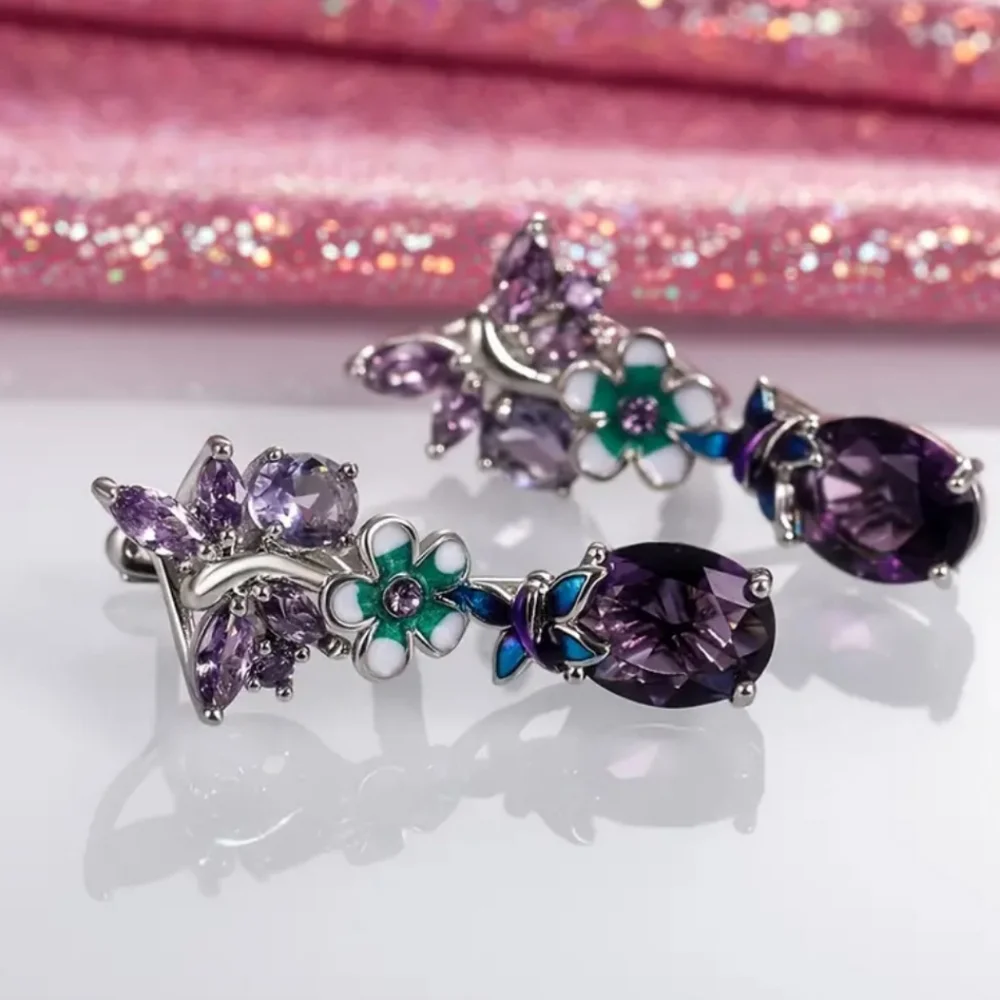 🎀925 Floral Butterfly Amathyst Earrings - Picture 3 of 9